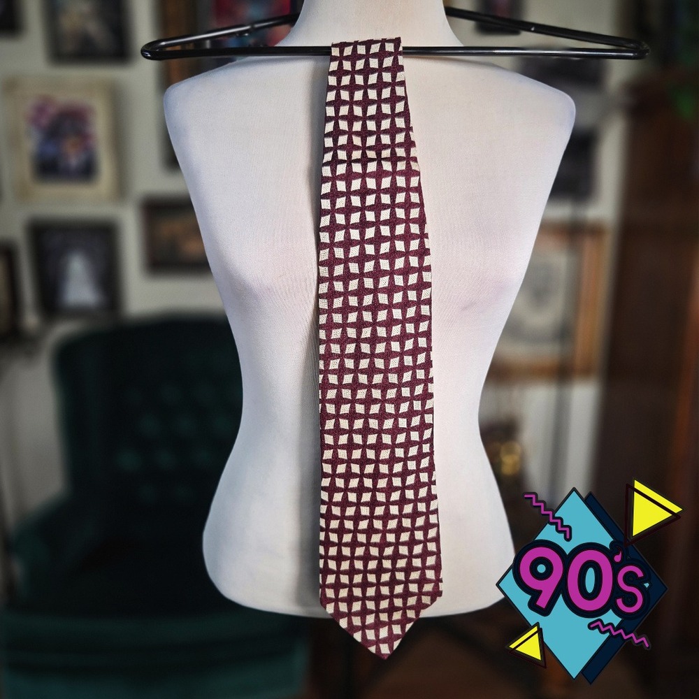 Structure Silk Tie Vintage 90s Mens Burgundy Cream Geometric Pattern Made in USA